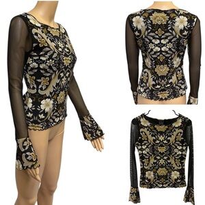 Inc International Concepts Floral Mesh Bell Cuff Long Sleeve Top Petite Medium